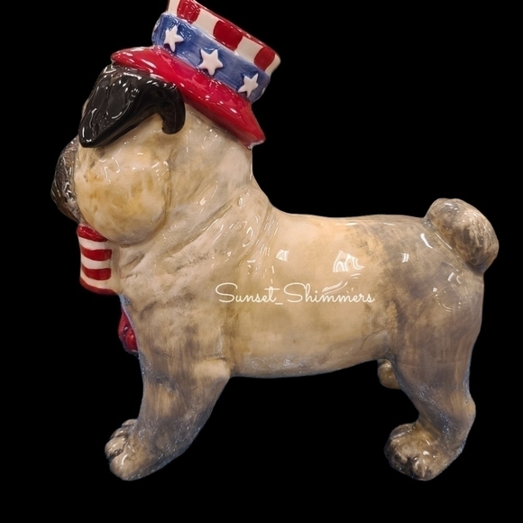 Patriotic Blue Sky PUG DOG July 4th Red White Blue Stars w Bow Tie & Cupcake New - Picture 6 of 11